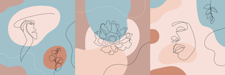 Vector minimalist style portrait. Line flower, woman portrait. Hand drawn abstract feminine print....