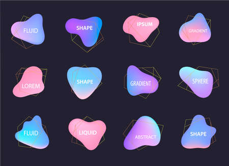 Vector 3d gradient spots set, line geometric shapes isolated. Abstract elements for trendy vibrant color design. Use for logos, tags, labels, background. Fluid blots, wavy drops, flowing elementsのイラスト素材