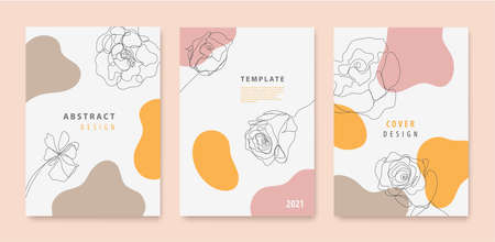 Vector set of continuous line flowers, leaves covers, banners, posters, cards, social media stories, flyers design templates. Trendy design with wavesのイラスト素材