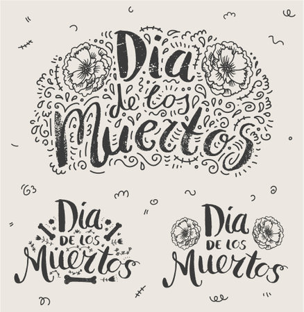 Vector Day of the dead, Dia de los moertos hand drawn lettering banner with flowers, buenos. Fiesta, holiday poster, party flyer, greeting card, logo, illustrationのイラスト素材
