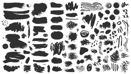 Vector hand drawn ink design elements. Sponge stamps, dry brush marks, splatter sprinkles, pastel pencil textures. Set of grunge black artistic brushstroke design elements isolatedのイラスト素材
