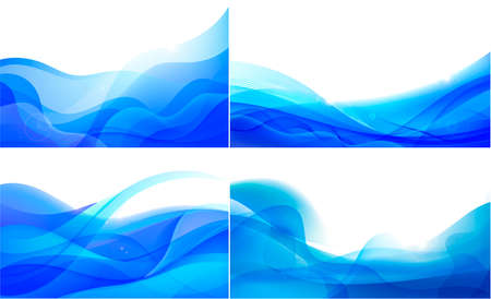 Vector set of wavy abstract geometric backgrounds, blue flow hoizontal banners. Trendy gradient shapes compositions. Flow blueのイラスト素材