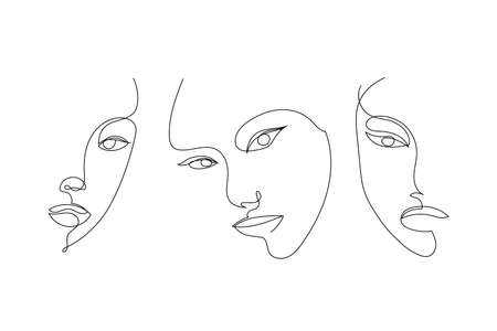 Vector set of hand drawn linear art, woman faces, continuous line, fashion concept, feminine beauty minimalist. Print, illustration for t-shirt, design for cosmetics, etc. Art posterのイラスト素材