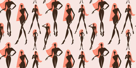 Vector seamless feminine, woman standing in various poses pattern. Silhouettes illustration.のイラスト素材