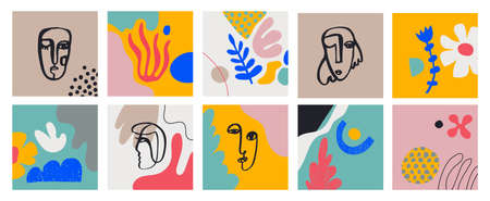 Vecto set of cards with hand drawn Faces, Leaves, Flowers, abstract shapes. Doodle, art modern posters. Contemporary collage blob illustrations. Continuous line, minimalistic conceptのイラスト素材