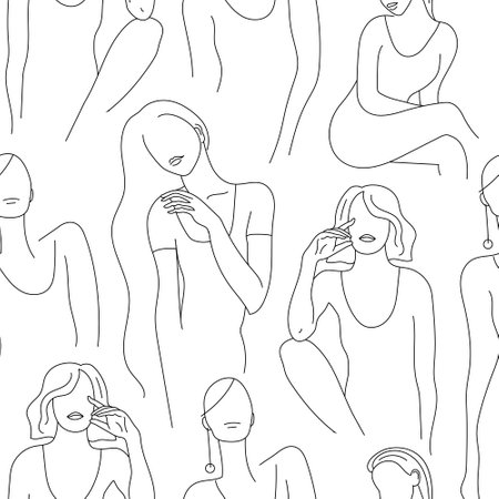 Vector seamless pattern. Continuous line art with woman faces, bodies. Linear nature background. Use for package, cosmetics, decor. Fashion concept, feminine beauty minimalistのイラスト素材