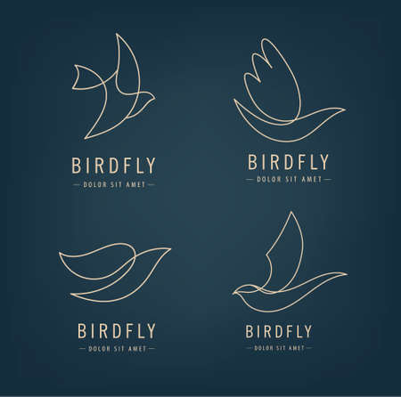 Vector set of line bird logos, pigeon silhouettes, flying abstract logos, icons isolated. Monoline...