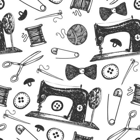 Vector hand drawn doodle seamless pattern. black and white. Fashion, sewing tools background. Use for babric, print, wrapping. Cartoon hand made various sketch elements buttons, needle, scissors.のイラスト素材