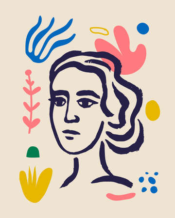 Vector woman art poster. Matisse inspired hand drawn contemporary portrait for print wall art decor, retro style. Abstract collage shapes.のイラスト素材