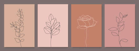 Vector set of monoline drawing flowers, leaves print set, nature one line botanical posters. Art, aesthetic contour. Use for Home Decor, t-shirt Print, Mobile Caseのイラスト素材