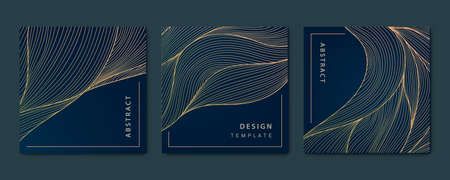 Vector set of abstract luxury golden square cards, post templates for social net, wavy line art background. Art Deco Pattern, texture for print, fabric, packaging design.のイラスト素材
