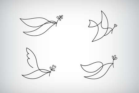 Vector set of line logo, icon, drawing of dove holding a branch, symbol of love and piece. One line minimalist pigeon.のイラスト素材