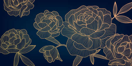 Vector art deco luxury flower line pattern, golden background. Hand drawn peonies for packaging,...