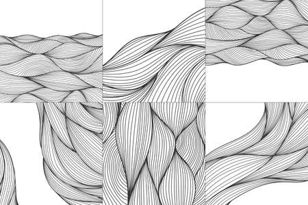 Vector set of hand drawn sketch wavy patterns, organic backgrounds. Black and white hair waves. Japanese textures, doodle stripes.のイラスト素材