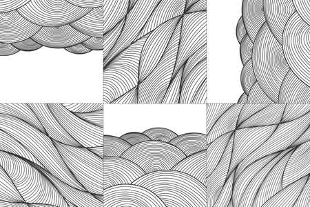 Vector set of hand drawn sketch wavy patterns, organic backgrounds. Black and white hair waves. Japanese textures, doodle stripes.のイラスト素材