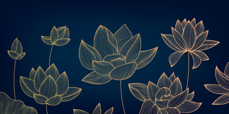 Vector art deco luxury flower, lotus line pattern, golden background. Hand drawn peonies for packaging, social media post, cover, banner, creative post and wall arts.のイラスト素材