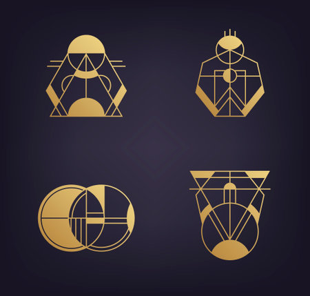 Vector set of abstract geometric logos. Art deco, hipster, golden line style. Circle, triangle, polygon linear shapes. Aztec, magic, esoteric icons, sacred geometry.のイラスト素材