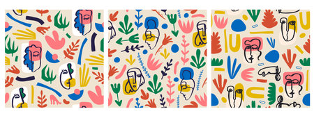 Vector set of seamless patterns. Collage cutout shapes, flowers and hand drawn cubism faces.