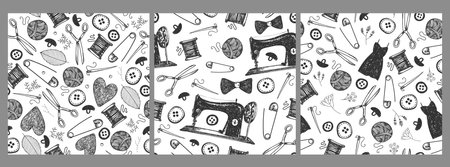 Vector set of seamless sale patterns. Hand drawn discount lettering, shop offer background. Ink drawing, sketch doodle style illustrations.のイラスト素材