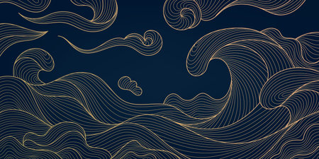Vector sea waves japanese style pattern. Golden line illustration, water, ocean with clouds and wind. Vintage wallpaper, poster, wall artのイラスト素材
