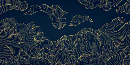 Vector sea waves japanese style pattern. Golden line illustration, water, ocean with clouds and wind. Vintage wallpaper, poster, wall artのイラスト素材