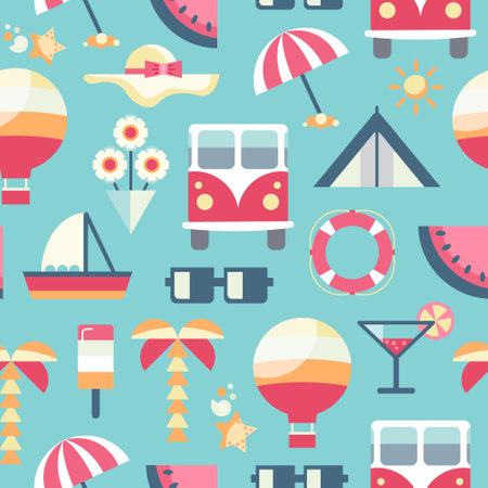 Vector seamless summer travel pattern. Beach vacation flat style elements, retro bus, flowers, balloon, tent, ice-cream, palm. Tourism, holiday, trip design. Pastel colors.のイラスト素材