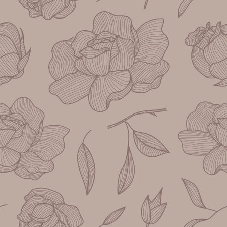 Vector seamless roses pattern, line vintage drawing. Nude colors flowers and leaves feminine print, romantic spring repeat ornamentのイラスト素材