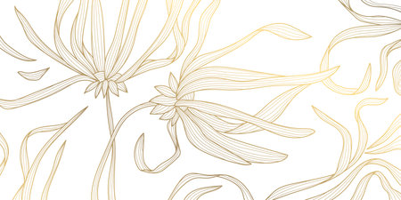 Vector gold flowers with long petals background, luxury line art floral design, nature wallpaper. Plant ornament, asian glitter backdropのイラスト素材