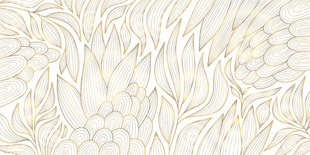 Vector art deco golden line leaves pattern, nature classic wavy illustration. Abstract floral wallpaper, plant elegant summer ornamentのイラスト素材