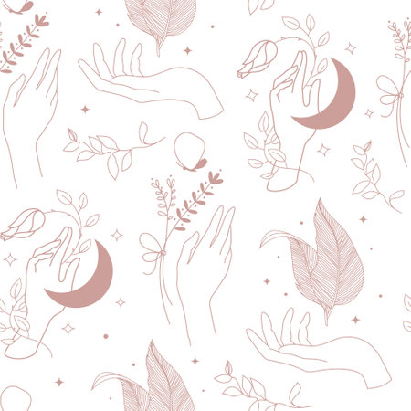 Vector celestial seamless pattern, hands, moon and plants line mystic background. Witch spiritual, care boho printのイラスト素材
