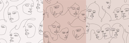 Vector set of seamless woman face one line patterns, female outline continuous drawing. Beauty print, people portrait artのイラスト素材