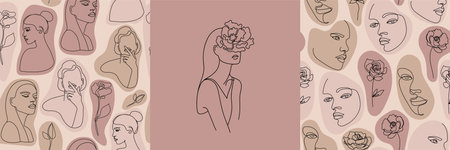 Vector line woman face seamless patterns, female art portraits with flowers and leaves, beauty minimalist background, illustration.のイラスト素材