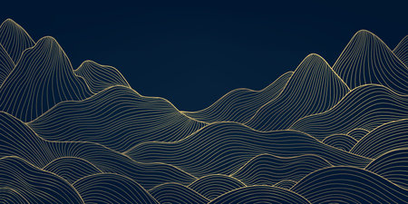 Vector line mountains and water background, japanese nature illustration. Curve wave asian landscape wallpaper.のイラスト素材