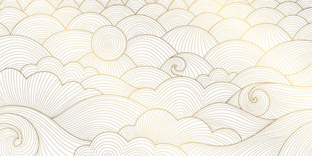 Vector gold white asian pattern, wave line sea, japanese style abstract water illustration. Luxury oriental poster, river banner.のイラスト素材