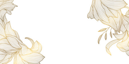 Vector golden line floral frame, line plant design, leaves decoration banner, luxury art wedding wallpaper. Spring, summer flower corners template.のイラスト素材