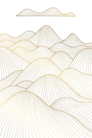 Vector line abstract wave landscape, desert, japanese style illustration. Mountain gold boho background. Sand, sea oriental art.のイラスト素材