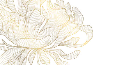 Vector fantasy art deco flower pattern, gold on white line floral background. Leaves luxury elegant illustration, tropical modern wallpaper, spa premium decor.のイラスト素材