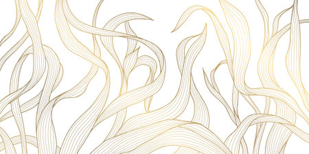 Vector golden on white line leaves pattern, luxury nature illustration, plant flower texture background. Boho foliage ornament, summer floral design, jungle banner.のイラスト素材