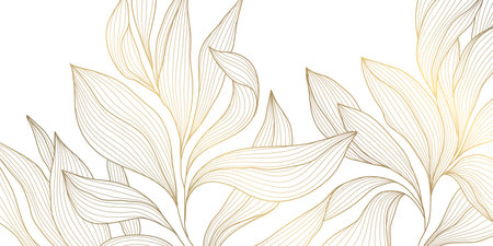 Vector golden on white line leaves pattern, luxury nature illustration, plant flower texture background. Boho foliage ornament, summer floral design, jungle banner.のイラスト素材