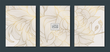 Vector set of line gold on white flower backgrounds, luxury art Japanese style vintage design. Modern floral texture, luxury covers, oriental prints, birthday cards, wedding invitations.のイラスト素材