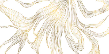 Vector line golden leaves background, floral abstract nature pattern. Elegant summer, palm foliage plant design, graphic tropical beauty ornament.のイラスト素材