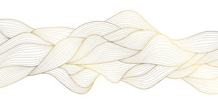 Vector golden line wave on white background, abstract luxury curve premium banner, flow shape. Sea, ocean japanese style elegant illustration.のイラスト素材