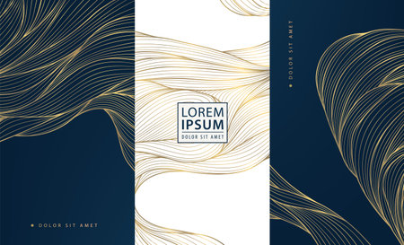 Vector gold wave pattern, line luxury premium abstract design. Fancy, art deco package labels, japanese sea brochures, silk ornamentのイラスト素材