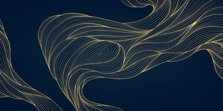 Vector wave abstract gold dark pattern, luxury flow background, fluid organic shape graphic. Ocean elegant illustration, ribbons.のイラスト素材