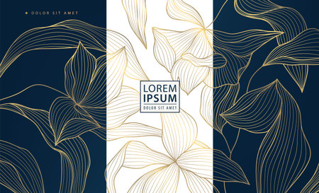 Elegant floral vector background, flower gold line patterns, leaves, oriental ornaments, Chinese, Japanese art. Luxury wedding invitations, spring greeting cards, anniversary posters, vintage royal.のイラスト素材