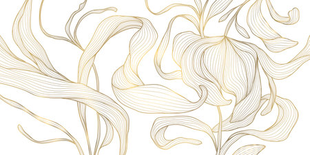 Elegant gold floral pattern background, delicate line leaves, botanical shapes. Luxury vector illustration, tropical elements, vintage art deco curves, premium botanical designのイラスト素材