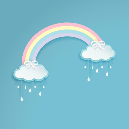Pastel colored rainbow with cartoon rainy clouds on the blue background. Silver bows with the cloud shape labels. Paper art style. Clean and minimal design. Vector Illustration. のイラスト素材
