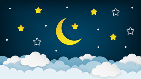 Half moon, stars and clouds on the dark night sky background. Paper art. Night scene background. Vector Illustration. のイラスト素材