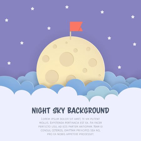 Cloudscape background with the flag on the Moon. Scenery sky background with clouds, full moon, and stars. Paper art style. Vector Illustration. のイラスト素材