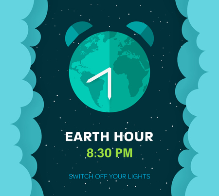 Earth hour. Cartoon flat Earth planet in Space. Starry sky background with fluffy clouds and Earth globe. Alarm clock concept. Paper art style. Vector Illustration.のイラスト素材